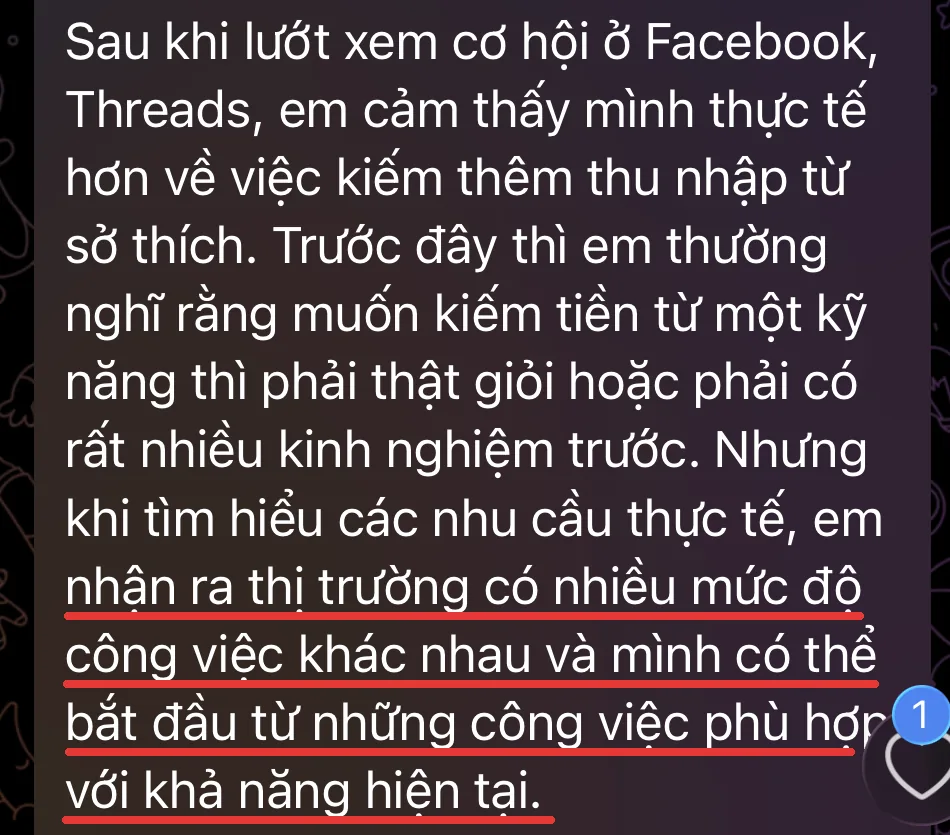 Học viên nhận ra có thể bắt đầu từ công việc phù hợp với khả năng hiện tại